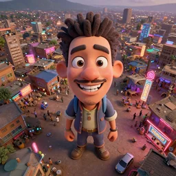 3 d vfx - caricature - art of a bustling - neon lit - ajegunle slum in nigeria, unreal engine render, digital illustration, illustration style by mike winkelmann, sharp, intricate detail, volumetric light, ray tracing, soft light, colourful, claymation, drone view, fish eye lens, cinestill 8 0 0 t photograph, acrylic,