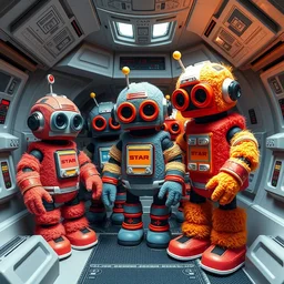 fuzzy plush toys of 1 9 5 0 s - style robots, inside a space station