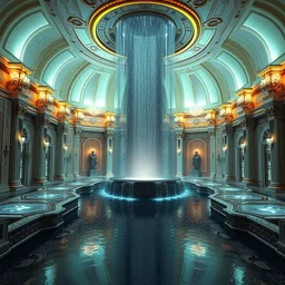bright sleek waterfall palace interior, neo - rococo, extreme opulence, 4 k octane render, utopia, made by sega, volumetric light, futurism, 4 k full hd, photoreal, photoreal, cinematic, futuristic, wealthy atmosphere, imagined by simon bizley, albert bierstadt, herbert james draper, arnold bocklin, caspar david friedrich, sir lawrence, alma
