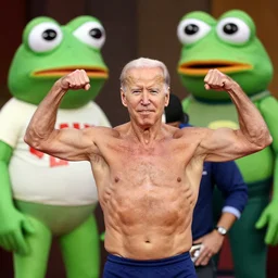 Joe Biden with a Gigachad body flexing with Zyzz while pepe the frog is in the background