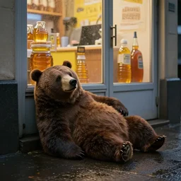 hyper - realistic anthropomorphic bear homeless laying in the dark rainy street in front of a honey dispensary