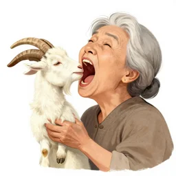 an illustration of an old woman opening her mouth extremely wide and swallowing a whole goat