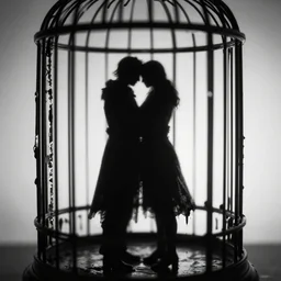 photo of two shadowy figures hugging each other, they are in a birdcage, paint is falling off, black and white, 5 0 mm, dark