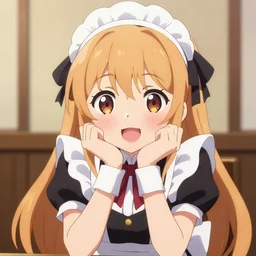 anime girl forward facing maid costume hand on cheeks happy in the style of nekopara art station