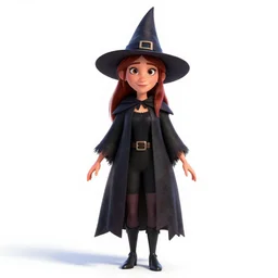 young candy witch, stylized pixar-style 3d render, full body, standing, isolated on a pure white background, centered, whole figure in frame, sharp focus, studio lighting