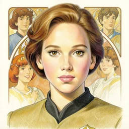 jennifer lawrence, starfleet officer, finely illustrated face, highly detailed, colored pencil, studio ghibli, tankobon, in the style of ilya kuvshinov and krenz cushart and william - adolphe bouguereau and alphonse mucha