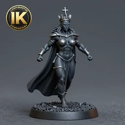 80mm resin detailed miniature of a Very Muscular Queen, angry, black skin, long cloak, bikini-armor, iron crown, Shaved Skinhead, on textured disc base, Company logo in upper left corner; Miniature product Photo, 4K, Full body