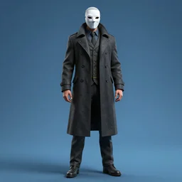a man wearing a dark overcoat and a white mask, game character, octane render, 8k, full-body, fantasy, blue background, high detail, high quality