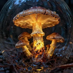 extremely detailed intricate evocative close up realistic nocturnal rotten glowing bismuth mushrooming from wet forensic undulations of chemical glass reflecting antediluvian magma by Michael Whelan