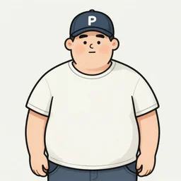 obese young man with a t-shirt and cap with the letter P, drawing a comic