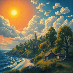 large village, clouds, sun come up, lucid, dreamistic, fluxication, volumetric lighting, near the beach, big trees by mc escher, colorized by salvador ross gogh