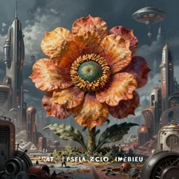 giant grotesque flower in the middle of abandoned alien cityscape, ultradetailed by Giuseppe Arcimboldo and Passarotti color palette from Josan Gonzalez and James Gurney and Mœbius