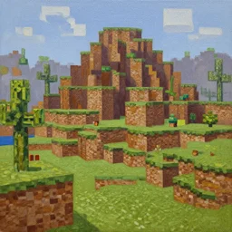 detailed oil painting of a minecraft landscape, abstract,textured,oil paint
