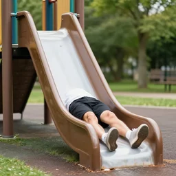 adult sliding down chocolate pudding slip n slide legs first, professional photo taken at the park