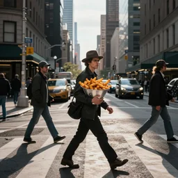Serious looking fried potatoes with glasses and hats crossing the pedestrian street in the center of New York city