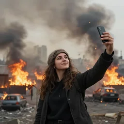 girl taking selfie while bombs fall city burns in background