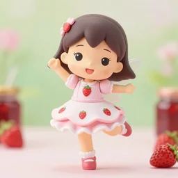 a wholesome femo figurine of a cute funny strawberry fairy with freckles wearing a frilly floral strawberry dress featured on yotsuba by studio ghibly and disney made of strawberry jam jar, pastels, wide angle, dynamic dancing pose, 🎀 🍓 🧚