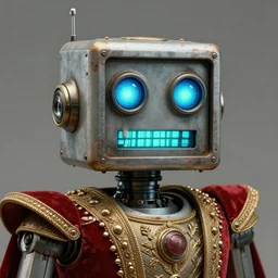 retro boxy robot, lcd mouth, crusty, glowing blue green eyes, detailed realistic surreal groovypunk robot in full regal attire. face portrait. art nouveau, symbolist, visionary, baroque, giant fractal details. horizontal symmetry by zdzisław beksinski, gears, alphonse mucha. highly detailed, hyper - real, beautiful