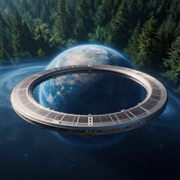 intergalactic stargate portal on a planet with a forest in the background