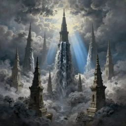 a painting of many spindly stone towers reaching up into grey clouds, waterfalls made of grey ash fall from the clouds, there is no ground, god rays of blue light stream down, melancholy, fantastical,