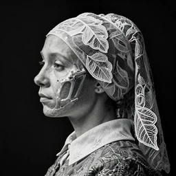 a woman's face in profile, wearing a collared shirt, made of intricate decorative lace leaf skeleton, in the style of the dutch masters and gregory crewdson, dark and moody