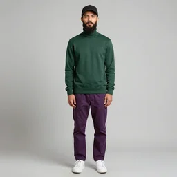 a young man with a chin - style dark brown beard without mustache in a dark black cap, green turtleneck, purple pants and white sneakers in full height, perfect smooth face