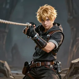 An epic fantasy comic book style portrait painting of a young blonde boy thief launching grappling rope from a device worn on his wrist, unreal 5, DAZ, hyperrealistic, octane render, cosplay, RPG portrait, dynamic lighting