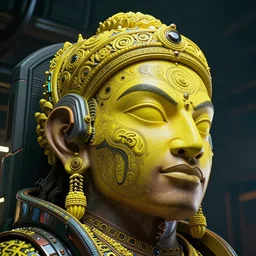 high quality photo hyperrealistic cyberpunk hanuman head building, neon yellow madhubani, highly detailed, in sci - fi mumbai, cinematic smooth, lee madgwick & liam wong, moody light, low angle, uhd 8 k, sharp focus