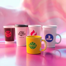 3 d cups and mugs with logos in a colorful world, on clear background, 3 d render, amazing detail, concept art, ray tracing, smooth, sharp focus, ethereal lighting