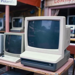 amateur Polaroid of a slum stand selling computer monitors, color burn, 1987