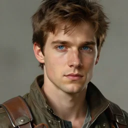 masterpiece closeup portrait of a young man with short brown hair and blue eyes, wearing adventuring gear, by Greg Rutkowski, 4k, masterpiece, matte painting, detailed