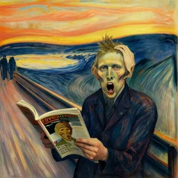 a man pulls out his hair while reading a magazine, in the style of screaming, author edvard munch