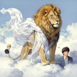 aesthetic, religious fantasy portrait commission of an albino male furry anthro lion amongst the clouds in the sky wearing a silky white translucent cloak blowing in the wind, Atmospheric. Character design by charlie bowater, ross tran, makoto shinkai, Greg Rutkowski and Thomas Kinkade, detailed, inked, western comic book art, 2021 award winning painting