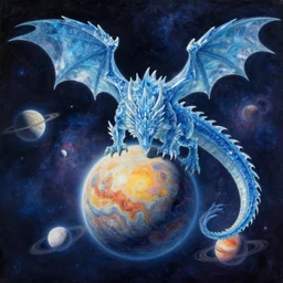 prompt crystalline blue dragon, European dragon, devouring a planet, eating a planet. space, planets, moons, sun system, nebula, oil painting, by Fernanda Suarez and and Edgar Maxence and greg rutkowski