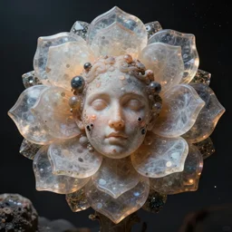 grotesque translucent god flower made from space stones, by rutkowski and giuseppe arcimboldo, james jean and erik jones and rhads, beutiful details, ultradetailed, prefect face, photorealistic details, full frame, colossal scale, trending artstation