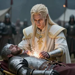 extreme closeup portrait of an aasimar man with platinum blonde hair wearing white and gold vestments under armor healing a wounded soldier in armor on a stretcher with holy magic in war camp, detailed, realistic, Greg Rutkowski, 4k, pensive