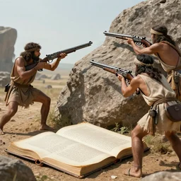 schoolbook image of ancient humans discovering guns near a rock.
