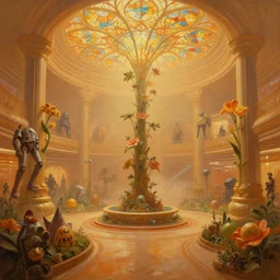 a minimalist oil painting by donato giancola, warm coloured, cinematic scifi luxurious futuristic foggy steam filled victorian garden circular shopping mall interior with fractal shaped stained glass flowers growing out of pretty bulbous ceramic fountains, gigantic pillars and flowers, maschinen krieger, beeple, star trek, star wars, ilm, star citizen, mass effect, artstation, atmospheric perspective