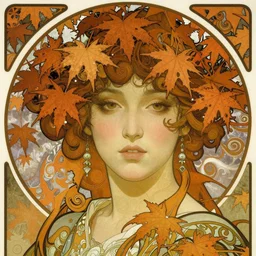 realistic detailed face portrait of a beautiful young queen of Japanese Maple trees by Alphonse Mucha, Ayami Kojima, Greg Hildebrandt, and Mark Brooks, Art Nouveau, spirals, Neo-Gothic, gothic
