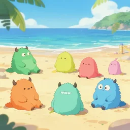 cute little monsters relaxing at the beach, fantasy, concept art, artstation, disney, pixar, dreamworks, anime, tyler edlin, feng zhu, noah bradley, thomas karpi