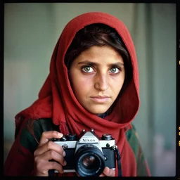 portrait of george washington as afghan girl, green eyes in a red headscarf looking intensely at the camera, taken by steve mccurry, kodachrome 6 4 color slide film, with a nikon fm 2 camera and nikkor 1 0 5 mm ai - s f 2. 5 lens