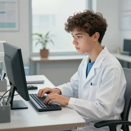 a beautiful artwork of a young scientist typing on a computer by Jerome Opeña, featured on artstation