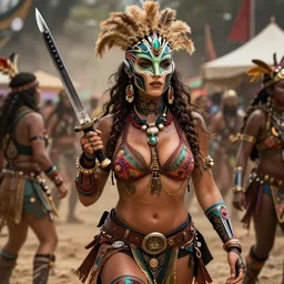 hyper realistic photography portrait of postapocalyptic madmax furiosa cyberpunk cyborg tribal festival curvy voluptuous curvaceous partygirl psychedelic with katana amazon face cinematic, vallejo, full shot, craig mullins greg rutkowski, artstation, cgsociety