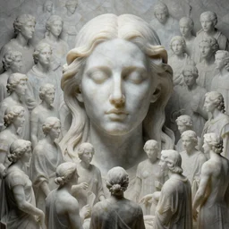 simplicity, apocalyptic celestial marble sculptures of a crowd of people everywhere, portrait face, apocalypse, ethereal, by miles johnston, by william godward, by moebius, by simon stalenhag, by gustave dore, by andrew jones, by pekka halonen, by beeple, volumetric lighting, masterpiece