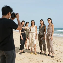 fashion supermodels on a beach doing a photoshoot, photorealistic
