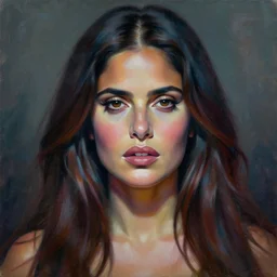 beautiful painting of salma hayek by dariusz zawadski, contemporary, creepy, colorful acrylic, realistic portrait by archan nair