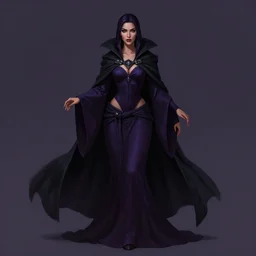 Fantasy portrait, Necromancer, female, beautiful face, dark garments, dark pruple robes, midriff, Black cloak from neck to ankles, pin-up, matte painting, artstation