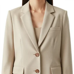 a realistic photograph of a single woman blazer, with two front pockets, with one brown buttton, beige color scheme, 8 k