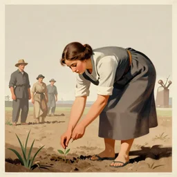 farmer woman in dress planting a seed in the ground, limited neutral palette, by petros afshar, anton fadeev, dean ellis, beautiful graphic full body portrait, propaganda poster art 1 9 7 0 s illustrated advertising art, painterly character design