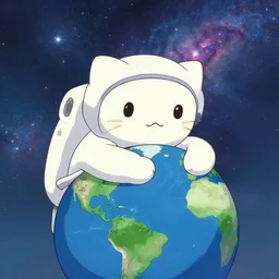 an astronaut cat hugging the earth with the milky way in the background, colorful, Hayao Miyazaki
